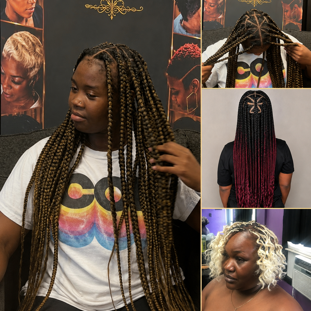 Finished braided extension styles showing length, parting, and color variation