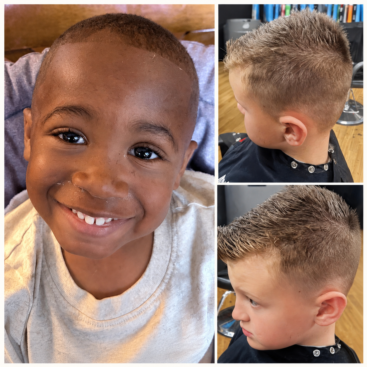 Two finished children’s haircuts on different hair textures