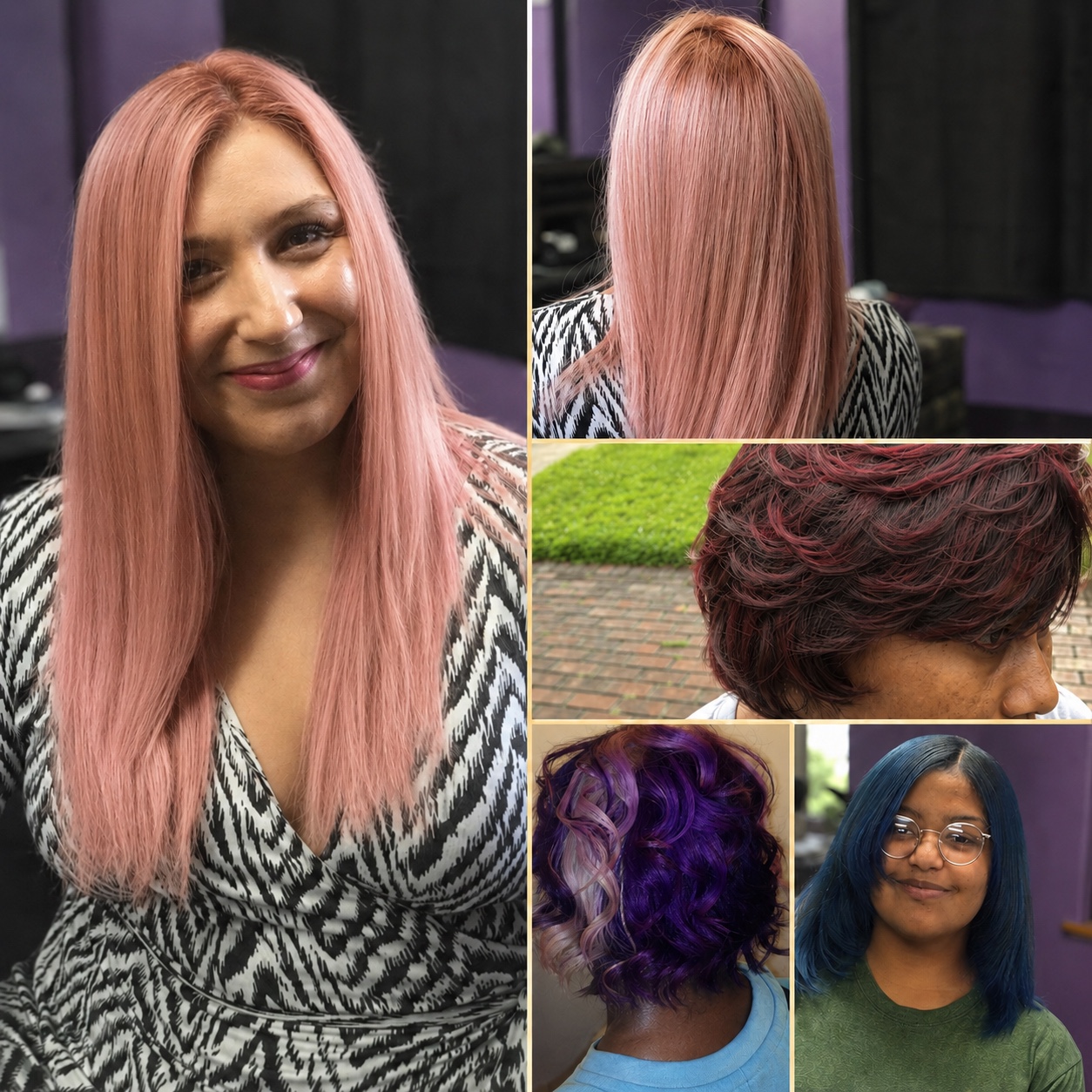 Rose gold, burgundy, purple, and blue color work created by Yolanda