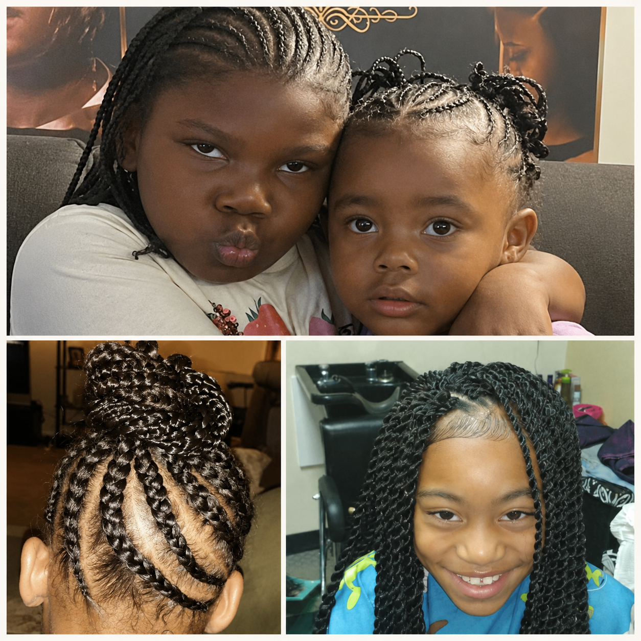 Finished children’s braid styles including a braided bun and twists